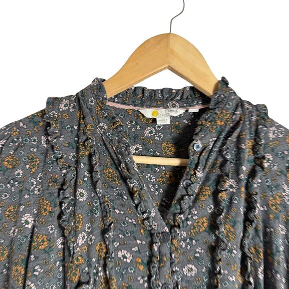 Boden Ruffle Jersey Gray Floral Print Long Sleeve Modest Blouse Size 4 - Picture 4 of 14